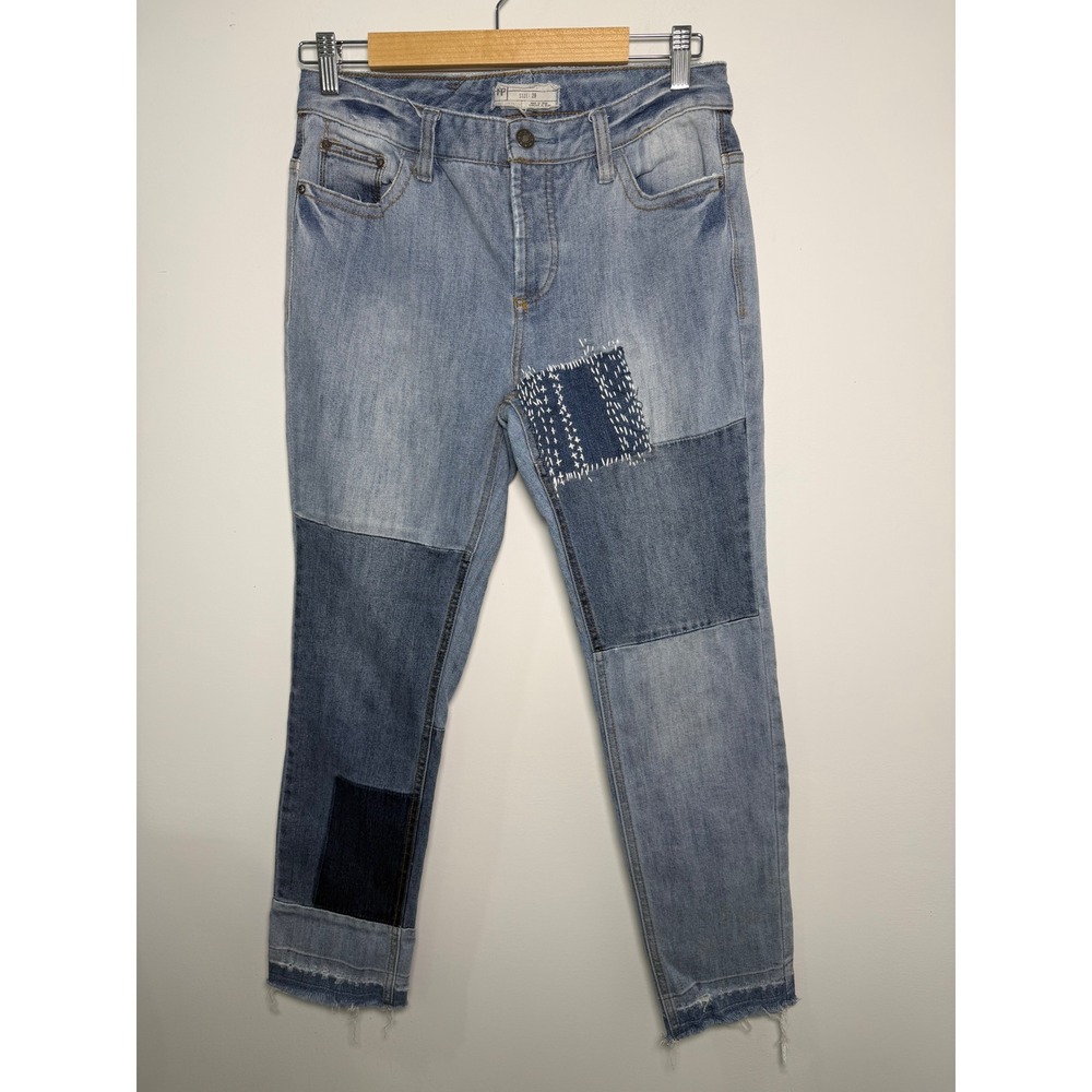 Free People Patchwork Sashiko Stitch Cropped Jeans Light Wash Blue Womens 29